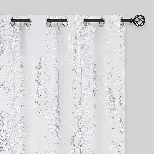 FMFUNCTEX Linen Semi Sheer Curtains for Living Room & Bedroom, Silver Metallic Print White Tree Panel, Light Filtering 84" Long Grommet Top 2 Panels