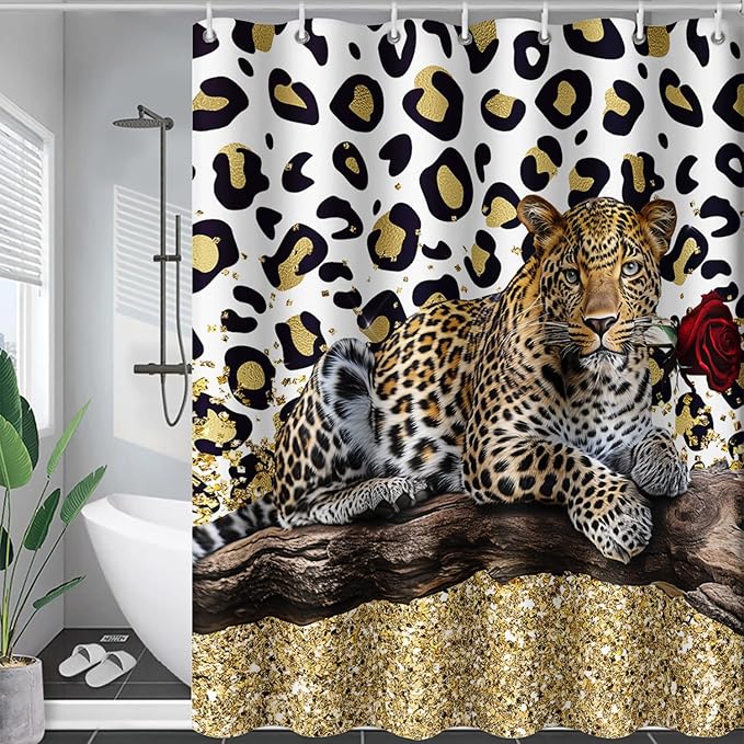 AILONEN Leopard Shower Curtains for Bathroom,Rose Leopard Bath Shower Gifts for Lover,Wild Animal Curtains Polyester Waterproof with Plastic Hooks 36" W*72" H