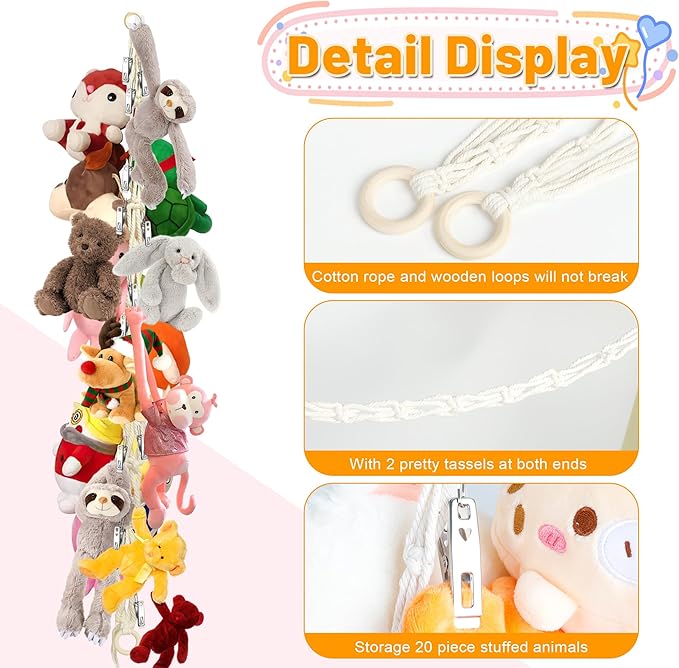 Stuffed Animal Storage Hammock Corner - Hanging Stuffed Animal Holder with 20 PCS Metal Clips, Boho Stuffed Animal Organizer Chain for Hanging Hats Socks Holiday Cards (1pc Beige)