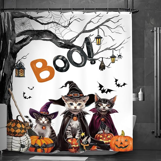 Halloween Cat Gothic Shower Curtain 60Wx72L Inch Pumpkin Horror Spider Bat Scary Spooky Witchy Animal Bathroom Set Accessories Decor with 12 Pack Hooks
