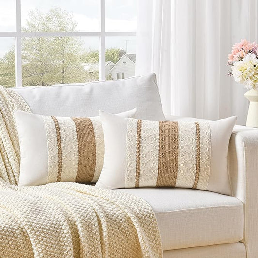 Fancy Homi Set of 2 Boho Neutral Long Lumbar Decorative Throw Pillow Cover 14x24 Inch for Couch Bed Sofa Chair, Modern Organic Farmhouse Home Decor, Soft Cotton Cute Accent Tan Rectangle Cushion Case