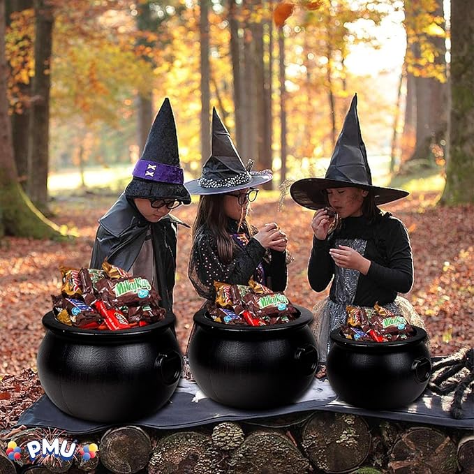 PMU 3pc- 18",16",12" Inch Halloween Cauldron Pot Kettle, Black Plastic Witch Cauldron Kettle, Halloween Party Decorations