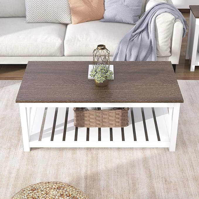 ChooChoo Farmhouse Coffee Table, Rustic Vintage Living Room Table with Shelf, 40 White