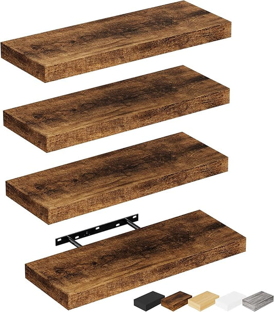 Bellsal Floating Shelves for Wall, Rustic Brown Wood Wall Shelf Set of 4, 16" Wall Mounted Floating Shelf for Kitchen