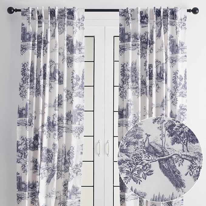 Maison d' Hermine Curtains for Living Room 100% Cotton 124 inch Length Two Panels Light Filtering Toile Curtains for Bedroom Windows with Rod and Loop Pockets Drapes (Trianon Blue, 50" W x 124" L)