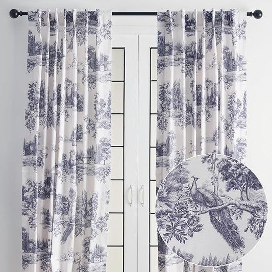 Maison d' Hermine Curtains for Living Room 100% Cotton 124 inch Length Two Panels Light Filtering Toile Curtains for Bedroom Windows with Rod and Loop Pockets Drapes (Trianon Blue, 50" W x 124" L)