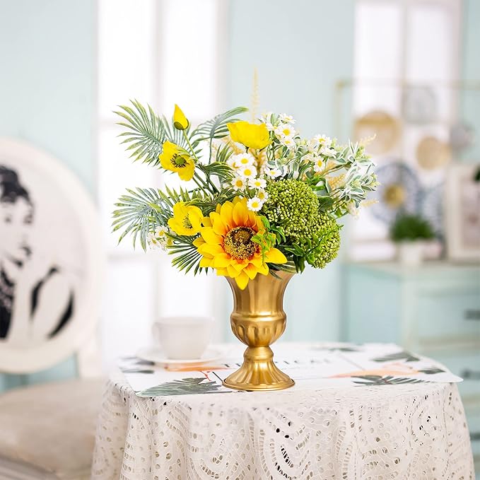 Sziqiqi Metal Flower Arrangements Pot for Wedding Table Centerpiece - Gold Planter Vase Pot for Artificial Real Flower Small Trumpet Plant Urn 6.3in