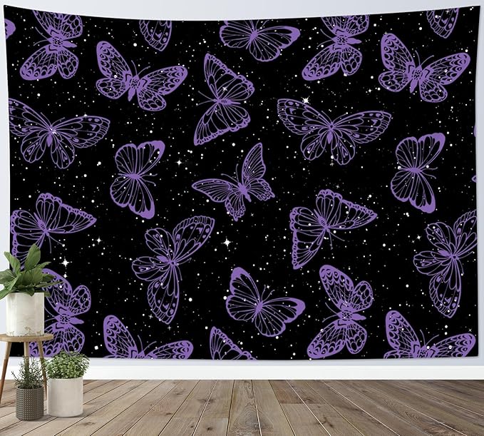 HVEST Purple Butterfly Wall Hanging - Galaxy Space Tapestry for Bedroom, Kids Room, Living Room - 60L x 80W inches