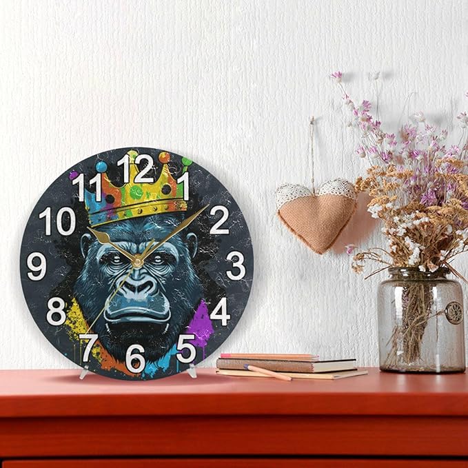 Gorilla with Crown Wall Clock Non Ticking Silent Kitchen Clock Large Battery Operated Clocks 10 inch for Living Room Bedroom Decor