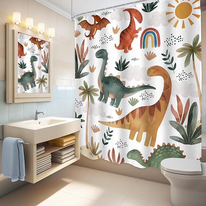 LGhtyro Kids Dinosaur Shower Curtain Bathroom Set 60Wx71H Inches Boys Cartoon Cute Dino Trex Raptor Jungle Animal Rainbow Sun Bath Accessories Watercolor Tree Plant Art Home Decor Fabric 12 Pack Hooks