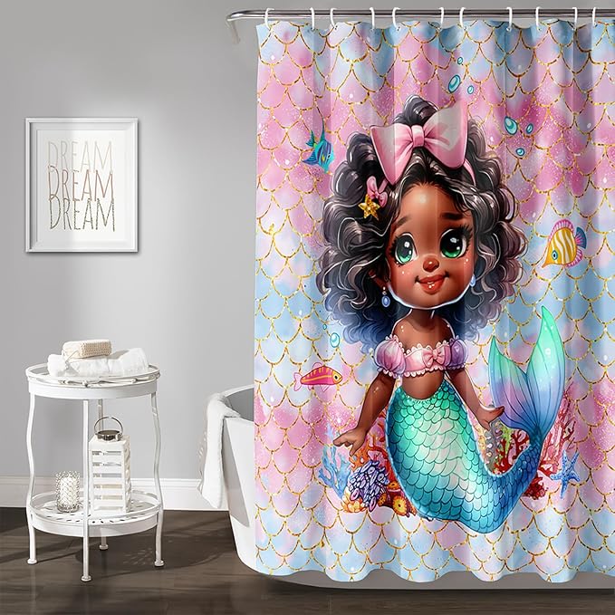AILONEN Mermaid Shower Curtain,Cute Black Girls Mermaid Bath Curtain for Kids Girls,Ocean Fish Pink Mermaid Scale Print Shower Curtain for Bathroom Decor Waterproof with 12 Plastic Hooks, 72" W*72" H