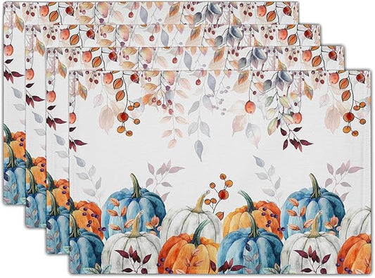 Fall Placemats for Dining Table Set of 4, Autumn Pumpkins Leaves Thanksgiving Harvest Washable Cloth Farmhouse Decorative Kitchen Table Mats 12x18 Inch for Seasonal Home Party Outdoor