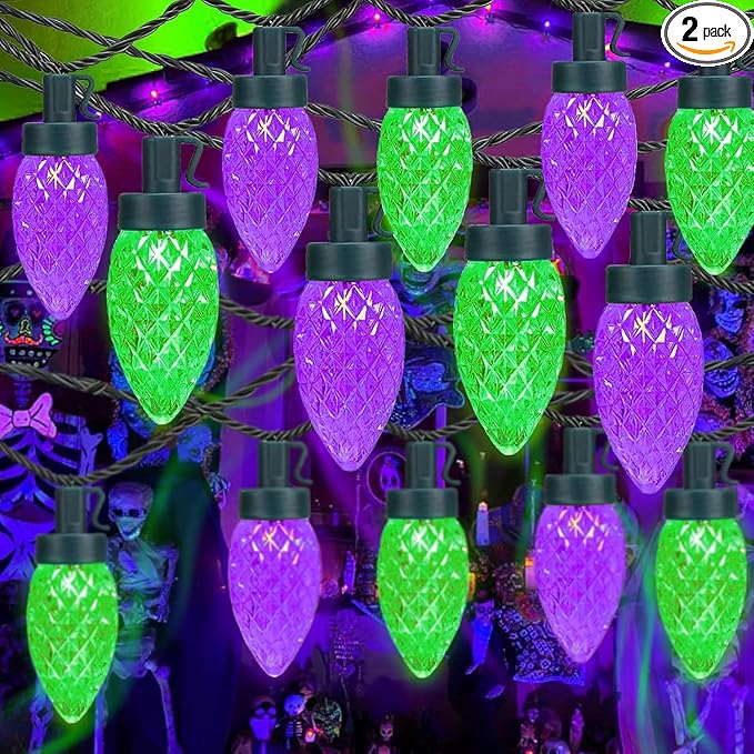 KAQ 2PK 100LED Purple and Green C9 Halloween Lights Waterproof Indoor Outdoor, Extendable 98FT String Lights Plug in with 13 Lighting Modes, Halloween Decorations for Party Patio, Outside Yard Decor