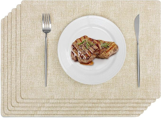 Softalker Faux Leather Placemats Set of 6-Vinyl Heat Resistant Place Mats, 100% Waterproof Oilproof Wipe Clean Table Mats for Indoor & Outdoor Use, 17’’×12’’, Beige