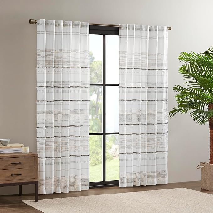 INK+IVY NEA 100% Cotton Single Panel Curtain Stripes Tassels Trim Boho Design Rod Pocket Top Drape for Living Room, Privacy Window Treatment for Bedroom, 50" x 84", Off White/Gray