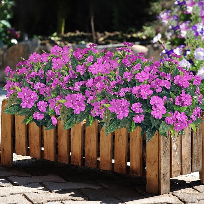 15.7”Spring Decorations for Home Flowers Fake Plants Fake Flowers Artificial Impatiens Bouquet Flowers for Outdoors Silk Faux Flowers Impatiens Plants Decor Indoor Planters 8PCS (Purple)