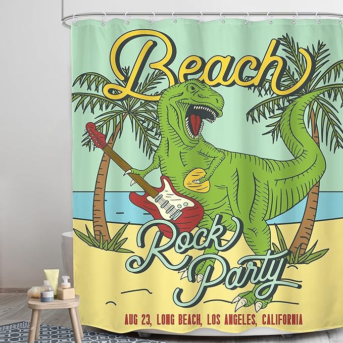LGhtyro Funny Dinosaur Kids Shower Curtain Bathroom Set 60Wx71H Inches Beach Green Cartoon Dino Trex Animal Raptor Play Guitar Bath Accessories Tropical Palm Tree Art Home Decor Fabric 12 Pack Hooks