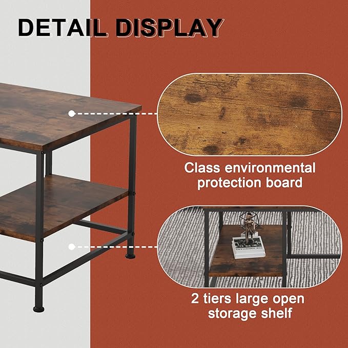 SENIG Brown Rectangle Wood and Metal Coffee Table with Storage Shelf for Small Living Rooms with Shelf