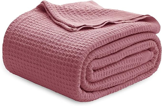 Bedsure 100% Cotton Blanket Queen Size for Bed - Breathable and Soft, Waffle Weave Blanket for Summer Spring, Dusty Rose, 90x90 Inches