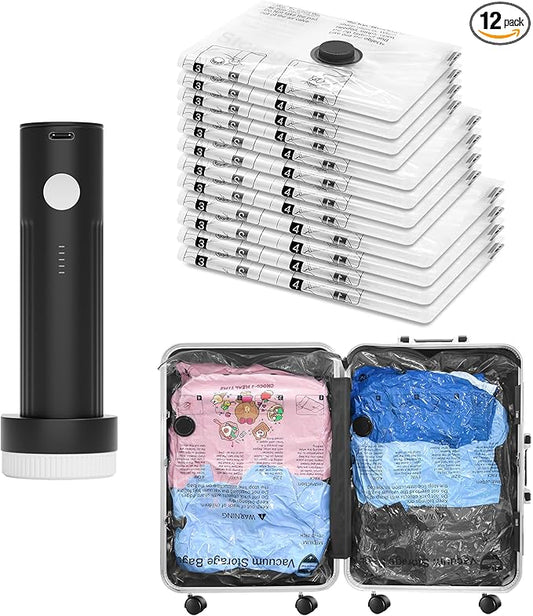 SUOCO Travel Vacuum Bags for Luggage with Portable Electric Pump, 12 Combo (4L/4M/4S) Packing Seal Bags for Clothing Suitcase Backpack, Space Saver Compression Clothes Storage Bags