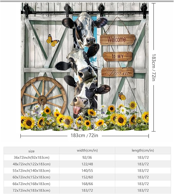 Farmhouse Cow Shower Curtain Funny Animal Butterfly Sunflower Cow Shower Curtains for Bathroom Decor Waterproof Polyester Fabric Western Barn Door Bathroom Curtain with Hooks 66x72 Inch