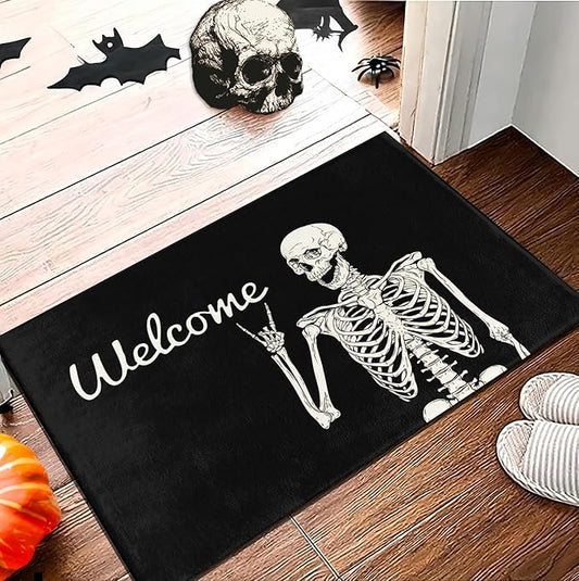 Funny Halloween Skull Doormat 17" x 29" Non-Slip Indoor Outdoor Skull Welcome Mat with Spooky Skull Design for Front Door, Porch, Kitchen, or Entryway Decor