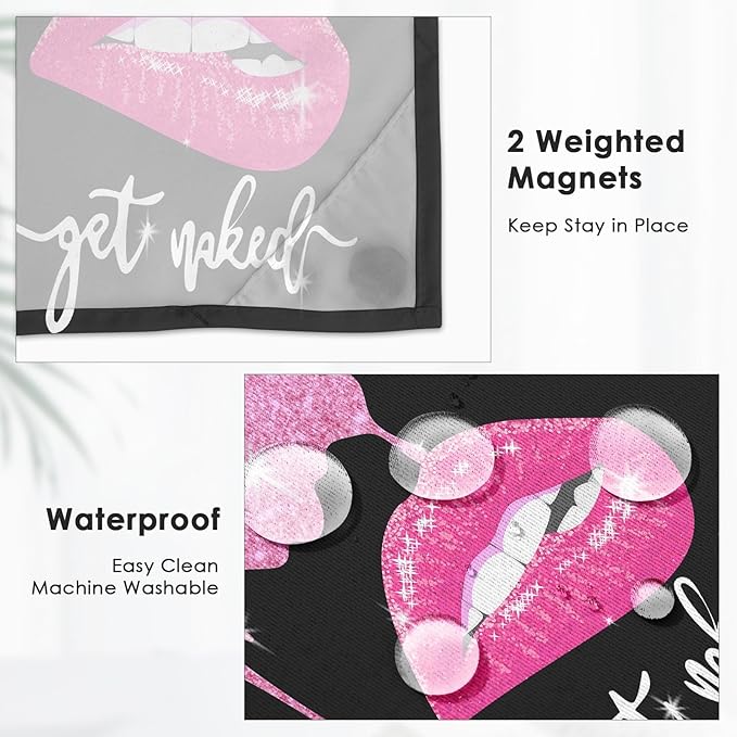 Pink Lips No Hook Shower Curtain with Snap in Liner, Diamond Glitter Get Naked Black Bath Curtain with Double Layers Waterproof Fabric and Mesh Top Window 71x74 Inch