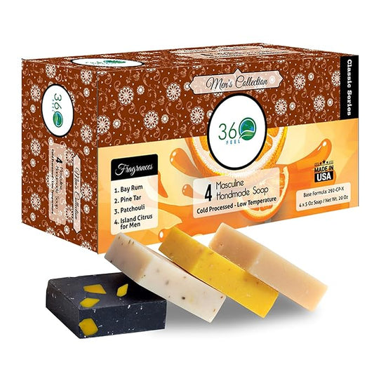 360Feel Men’s Handmade Soap Gift Pack - Nourishing and Hydrating Set of Bar Soap for Men - Infused with Four Bold Masculine Scents Bay Rum, Pine Tar, Patchouli, and Island Citrus - Set of 4