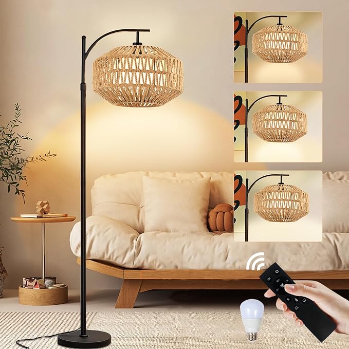 Boho Rattan Floor Lamps for Bedroom with 3 Color Temperatures, 72'' Modern Farmhouse Floor Lamp 360°Rotatable with Shades/Remote/12W Bulb(Included)/Adjustable Height for Living Room, Office