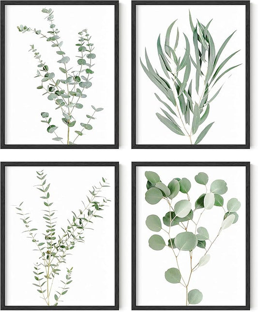 HAUS AND HUES Botanical Plant Wall Art Prints - Set of 4 Plant Wall Decor Prints Floral Kitchen Flower Leaves Wall Art Boho Leaf Eucalyptus Wall Decor Green Botanical Poster Set (11x14, Black Framed)