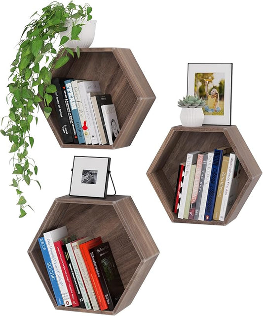 Rustic State Brooks Hexagon Decorative Floating Shelves with Wooden Back - Large, Medium, Small Honeycomb Geometric Box Design Display Bookshelf Picture Ledge - Distressed Walnut - Set of 3