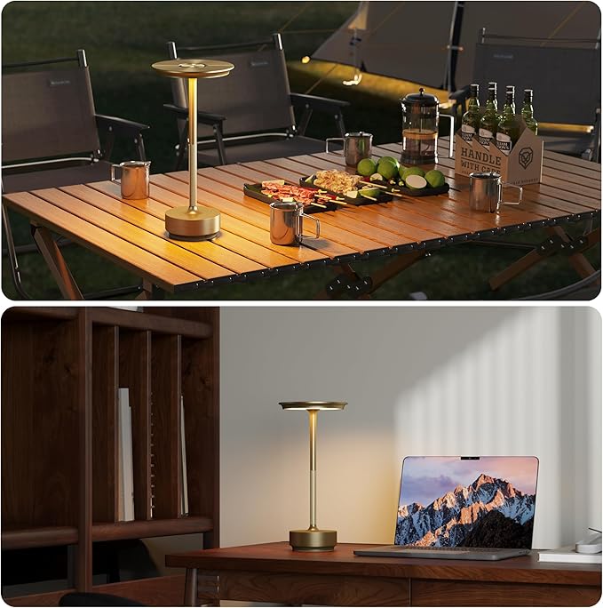Cordless Table Lamps Rechargeable, Portable 5000mAh Battery Operated Lamp, 3 Color Stepless Dimming LED Table Light with Memory Function, for Outdoor/Dinner/Patio/Restaurant.(Gold)