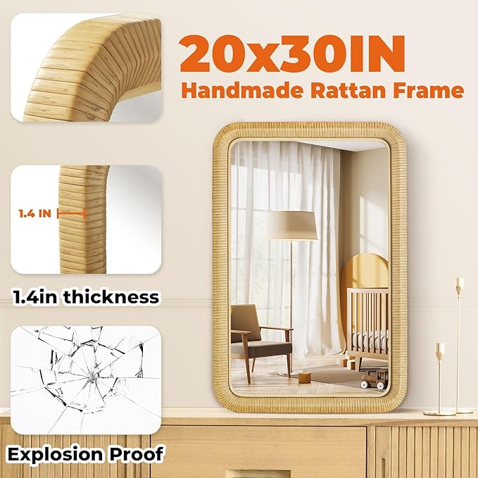 20"x30" Boho Bathroom Mirror,Rattan Wall Mirror –Handwoven Wicker Rattan Frame, Rectangular Hanging Decor for Dresser, Nursery, Bedroom, Livingroom or Entryway