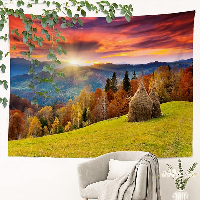 BaoNews Golden Yellow Autumn Mountain Tapestry,Landscape Countryside Large Wall Hanging Polyester Tablecloths Tapestry Bedroom Room Living Room Dorm 39.4 x 59.1 Inches