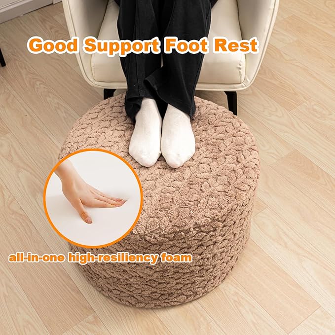 Round Pouf Ottoman Stuffed 20 x 20 x 14 Inches Boho Poof Foot Stool Home Decor Floor Pouffe Ottoman Foot Rest for Couch Sofa Bean Bag Chairs Living Room Bedroom (Brown)