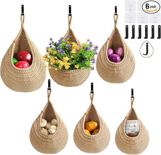 Hanging Fruit Baskets for Kitchen - 6 Pack Boho Wall Hanging Basket,Handwoven Wall Fruits Basket,for Garlic Potato Vegetable Onion Teardrop Home Hanging Storage Baskets(Brown Classic)