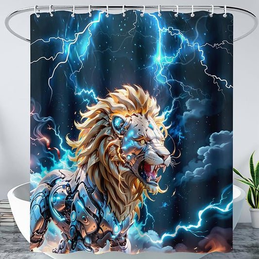 AILONEN Lion Shower Curtain,Evening Lightning Howling Lion Bath Curtain,Fierce Lion Bathroom Curtain Decor,Safari Animal Polyester Waterproof 72" W*78" H Shower Curtain (12 Hooks)