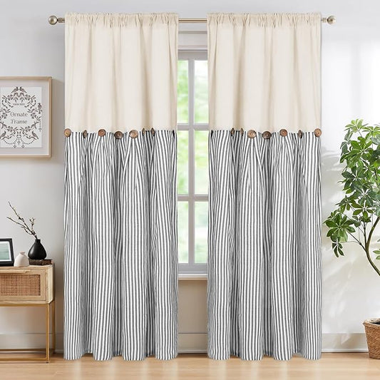 ASPMIZ Cotton Linen Farmhouse Curtains Boho Rustic Button Curtain, Linen Window Curtain Panels, Grey Stripe Country Curtains for Bedroom, Back Tab Modern Drapes for Windows 52 x 84 Inch, 2 Panels