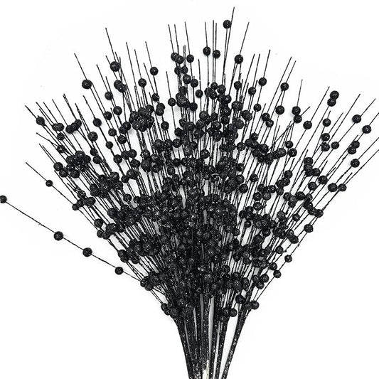 CATTREE Artificial Glitter Berry Stem Decorative, Fake Glitter Sticks Bead Pick Stems for Halloween Christmas Glittery Twigs Xmas Tree Wreath Crafts Vase Filler Home DIY Decor - 17 Inch Black 10 Pack