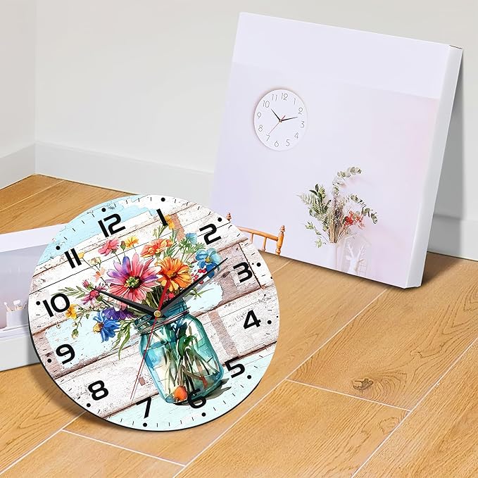 Watercolor Spring Flower Wall Clock, Vintage Wooden Silent Non-Ticking Battery Operated with Arabic Numerals, Decorative for Kitchen, Office, 10 Inch
