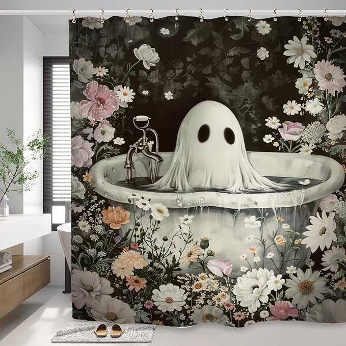 Halloween Ghost Gothic Funny Shower Curtain 60Wx72L Inch Horror Spooky Scary Flower Floral Holiday Bathroom Set Accessories Decor with 12 Pack Hooks