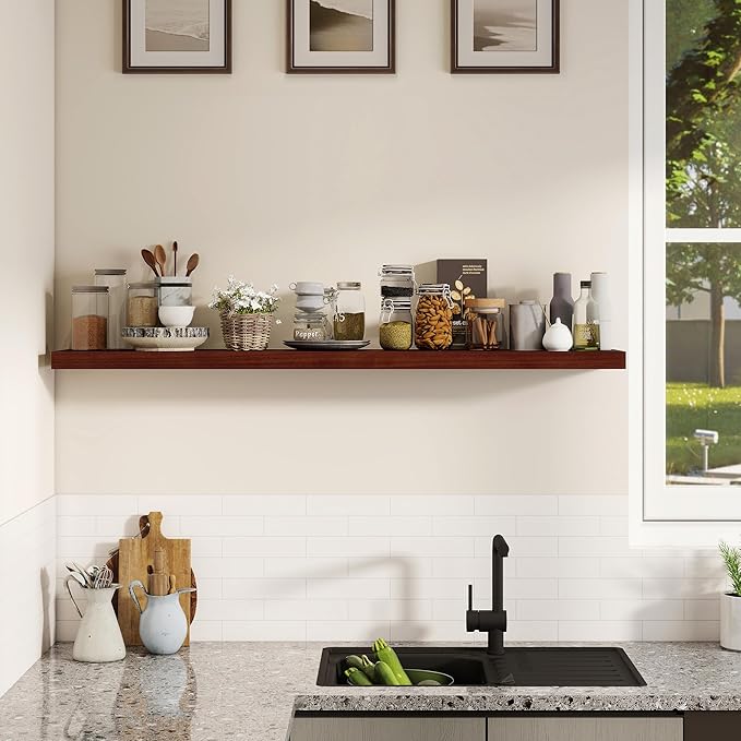 Fun Memories Rustic Real Wood Floating Shelves, 8 Inch Deep Floating Shelf Wall Mounted, 48" W x 8" D Wall Shelves Storage Shelves for Living Room, Bedroom, Bathroom, Walnut Finish, Set of 1