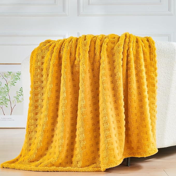 NEWCOSPLAY Super Soft King Blanket Yellow Premium Silky Flannel Fleece 3D Waffle Checkered Lightweight Bed Blanket All Season Use (Mustard Yellow, King(90"x110"))