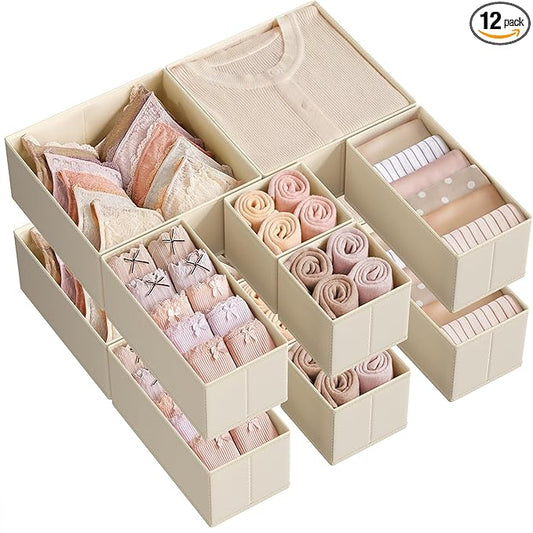 SONGMICS Drawer Organizer, Dresser Drawer Organizers, Set of 12, Foldable Fabric Storage Bins for Socks, Underwear, Bras, Ties, Scarves, Sand Beige URDZ006Y02