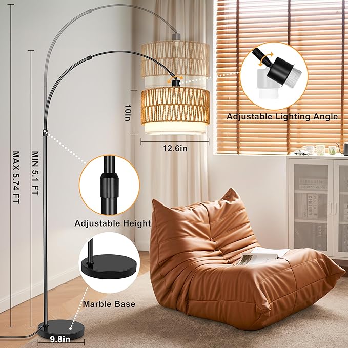 Rattan Floor Lamp for Living Room Arc Boho Floor Lamp with Rattan & Linen Double Shades Adjustable Tall Wicker Lamps with 3 Color Temperatures for Bedroom Office Reading,Black