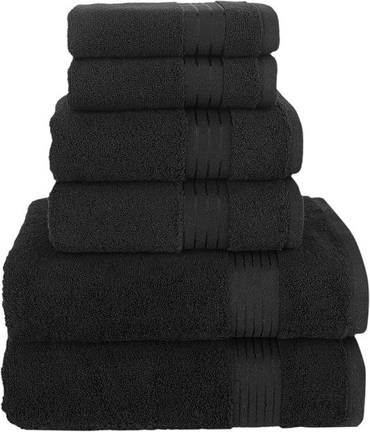Elegant Comfort Premium Cotton 6-Piece Towel Set, Includes 2 Washcloths, 2 Hand Towels and 2 Bath Towels, 100% Turkish Cotton - Highly Absorbent and Super Soft Towels for Bathroom, Black