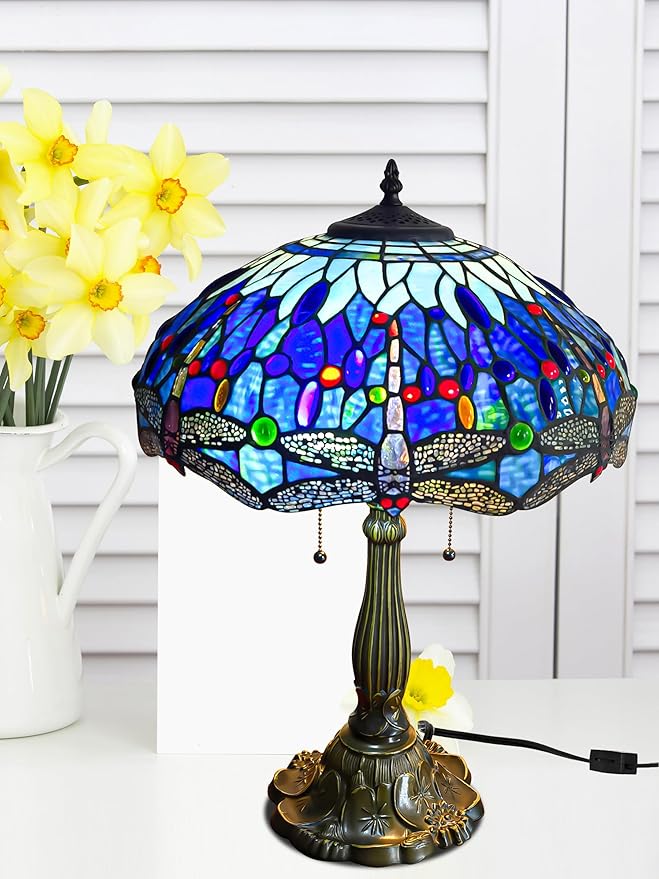 KY&BOSAM Tiffany Dragonfly Table Lamp Tiffany Style Table lamp Stained Glass Style Desk Lamps 24 Inch Tall Glass 16 Inch Wide Lamp Shade Beside Lamp 2 Bulb Antique Zinc Base for Home Bedroom Decor