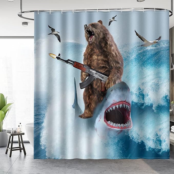 Funny Shark Bear Shower Curtain - Fun Bear Riding Shark in Ocean Wave Cool Shower Curtains Set with 12 Hooks for Adults Wild Bathroom Decor Accessories, 72"x72", Blue Brown