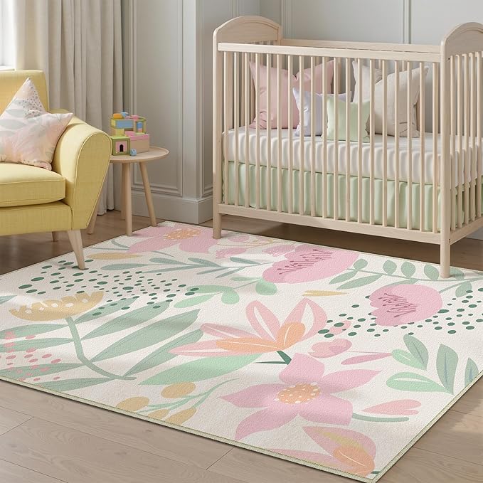 Pink Area Rug 3x5 Washable Office Carpet Boho Living Room Door Mat Non Slip Kitchen Soft Cute Bedroom Botanical Indoor Accent Rug for Dining Room Nursery Bathroom Farmhouse