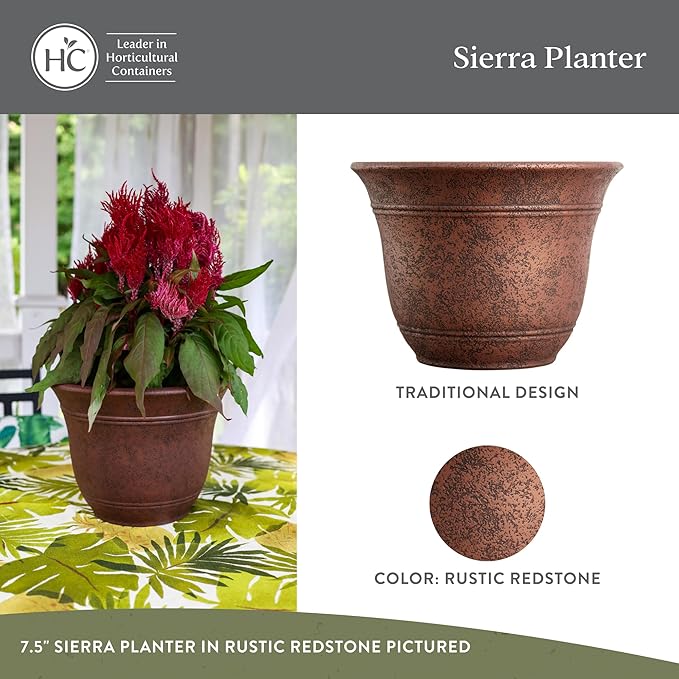 The HC Companies Sierra Round Self-Watering Pot - Lightweight Plastic Planter for Herbs & More - Durable Plant Pots for Indoor Plants & Outdoor Plants (16” Rustic Redstone, Pack of 1)